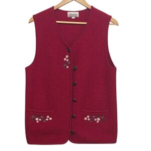 Vintage M.A.T Red Floral Embroidered Wool Button-Up Vests  Womens Size Small